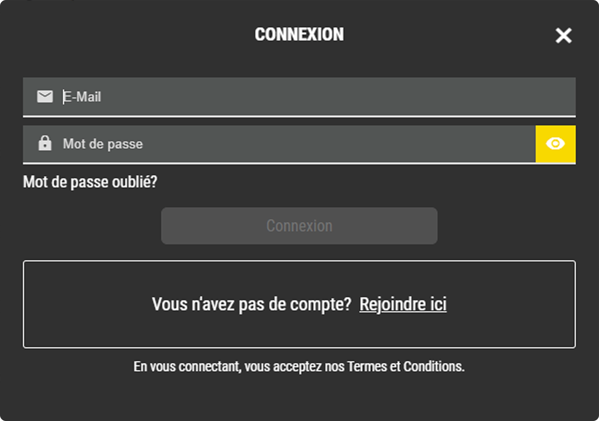 Écran de connexion au casino avec champs de saisie