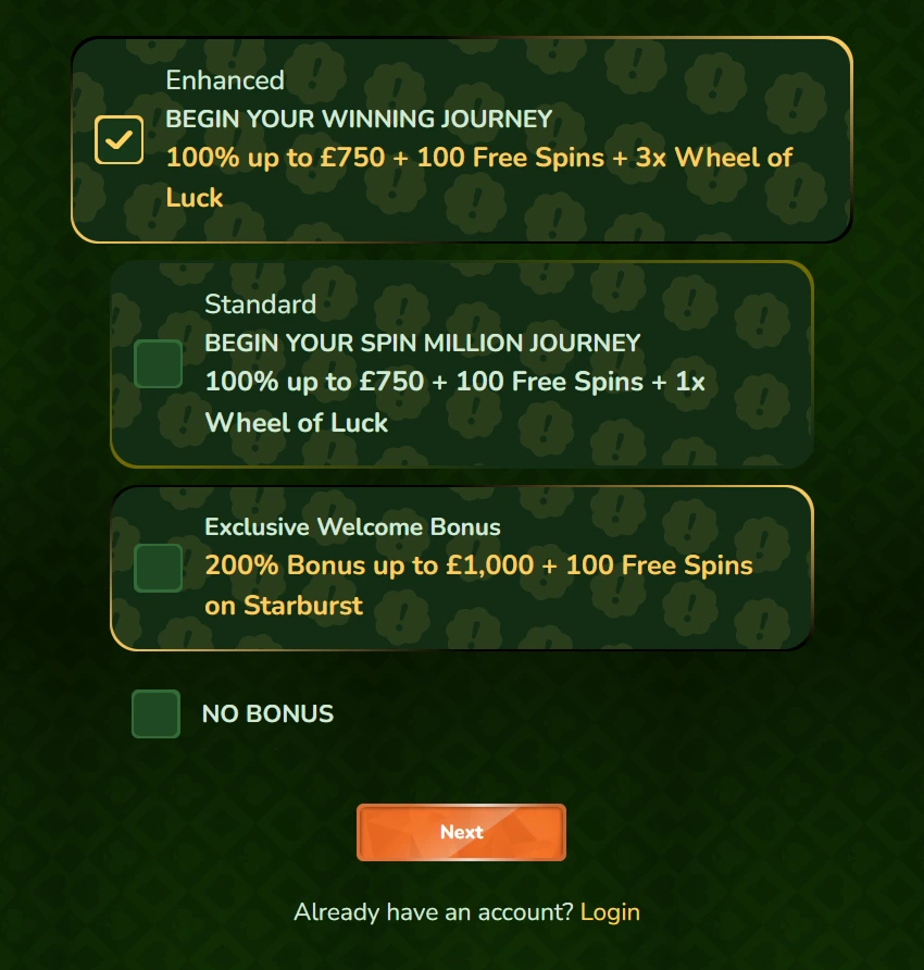 SpinMillion – welcome bonus selection screen with multiple offers