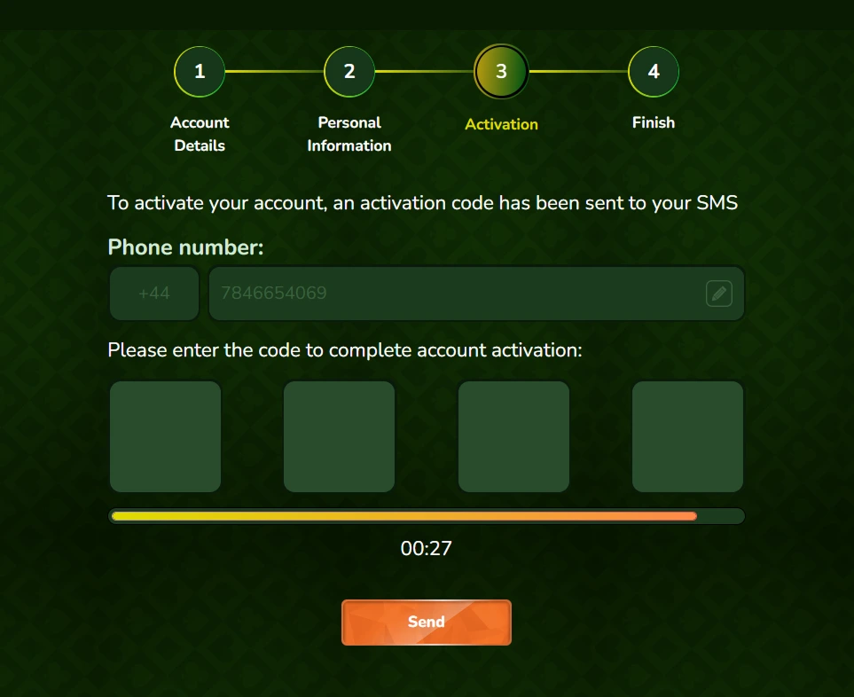 SpinMillion – account activation via SMS verification code