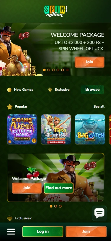 SpinMillion – welcome package up to £2,000 + 200 free spins