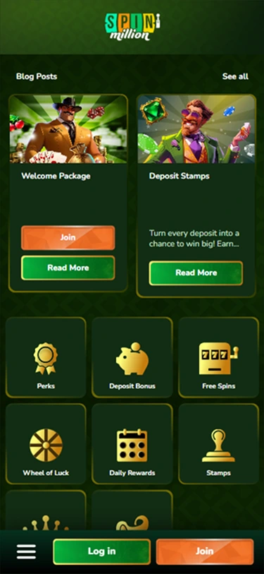 SpinMillion – bonuses, free spins, and daily rewards section